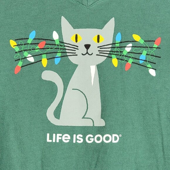 Life Is Good Women's Lit Up Cat Long Sleeve Crusher Green V-Neck Tee - S - Picture 4 of 5